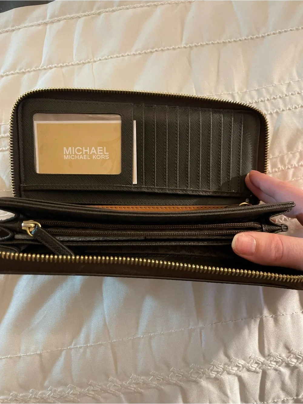 Michael Kors Beige Signature MK Zip-Around Continental Wallet with Gold Plate